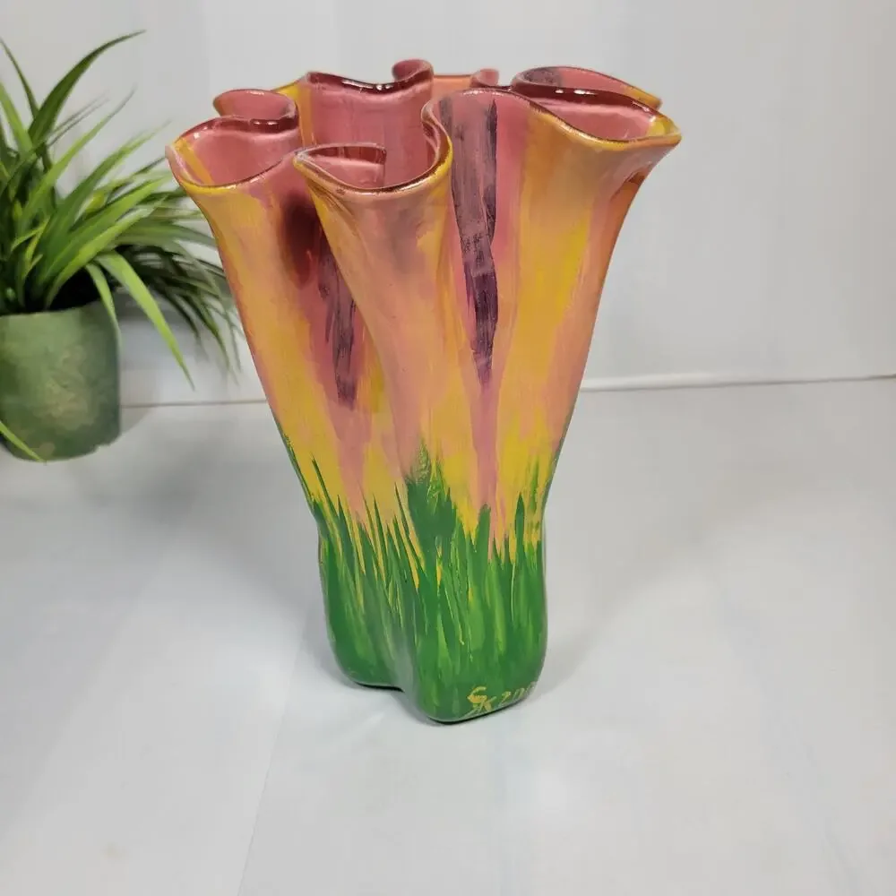 MCM Glass Vase, Handkerchief Style, Ruffle Top Hand Painted  Spring Decor - Picture 4 of 6